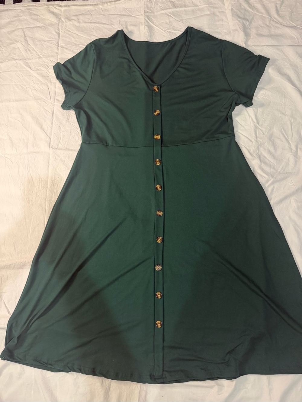 Dark Green Button-Front Short Sleeve Dress